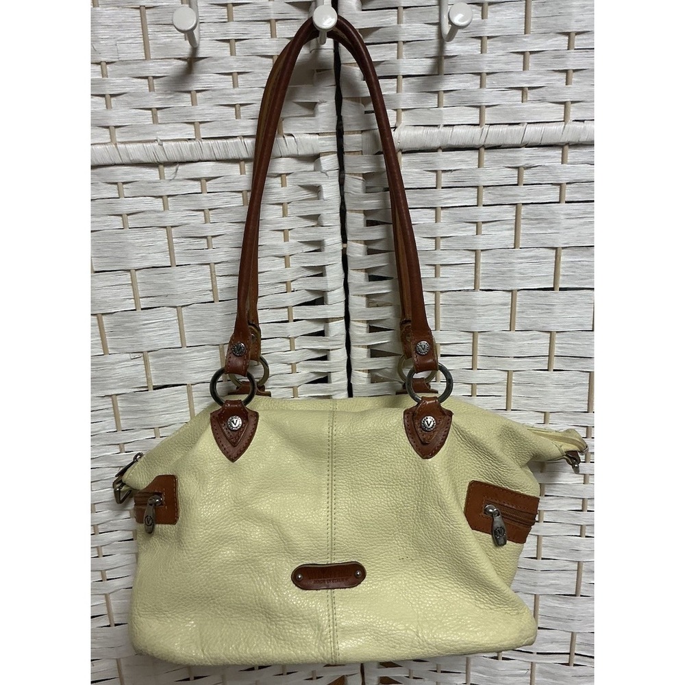 Valentina Made in Italy Yellow Pebbled Leather Handbag Brown Trim Satchel Purse